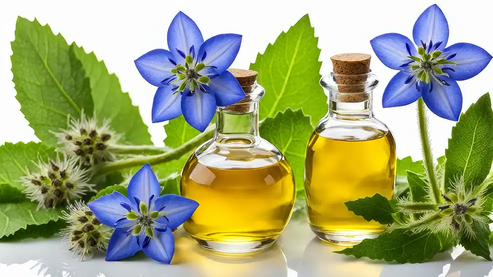 Borage oil - a nourishing oil made from the seeds of the borage plant, known for its high gamma-linolenic acid content.