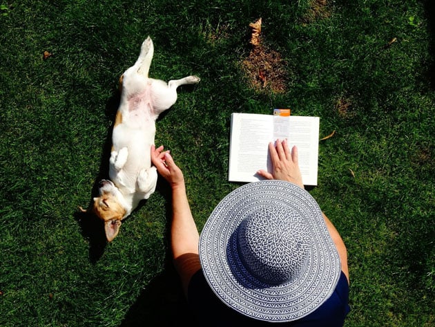 Woman on grass reading and her dog on back beside her